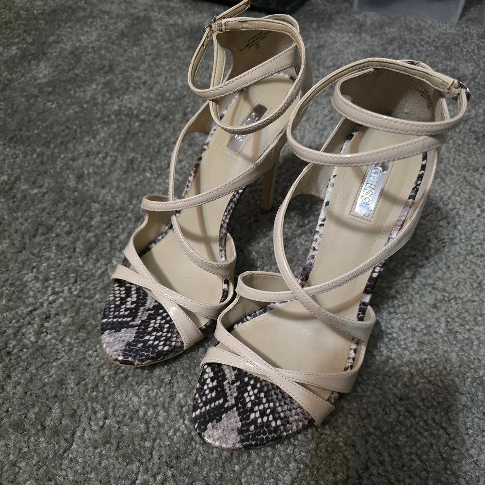 GUESS Ablane - Nude Strappy High Heel Sandals With Snake Skin Accents - Picture 2 of 7